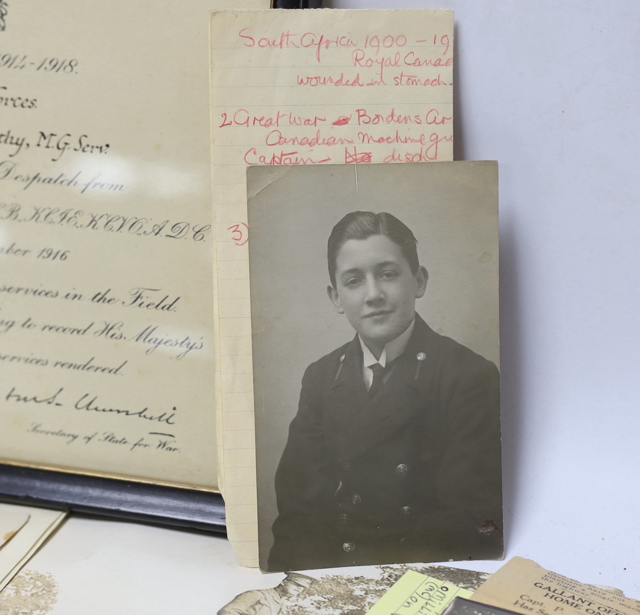 An archive of family collection of medals, photographs and documents including a WWI trio of War Medal